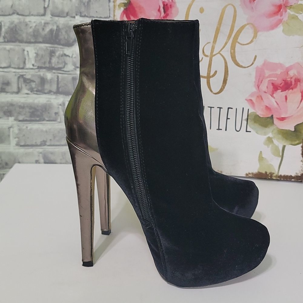Bucco Platform Black & Gold Velvet Heeled Booties - Picture 7 of 16